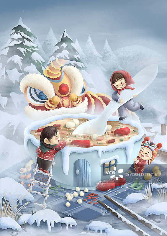 醒狮和玩童在冰雪里的腊八粥图片素材