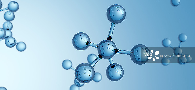 3D渲染蓝色背景下分子结构的特写图片素材