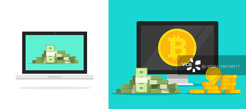 比特币数字货币在电脑屏幕上图标平坦图片素材