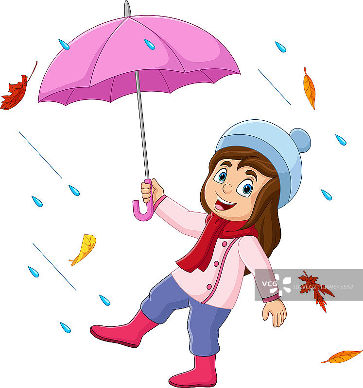 卡通小女孩在雨中撑伞图片素材