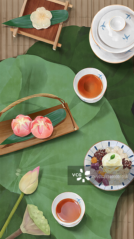 手绘水彩中式下午茶图片素材