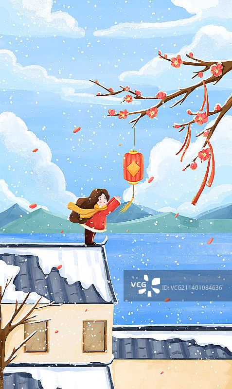 站在下着雪的屋顶女孩插画图片素材