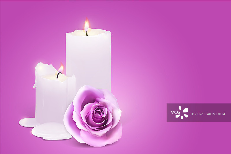 逼真的蜡烛和玫瑰花蕾在紫色图片素材