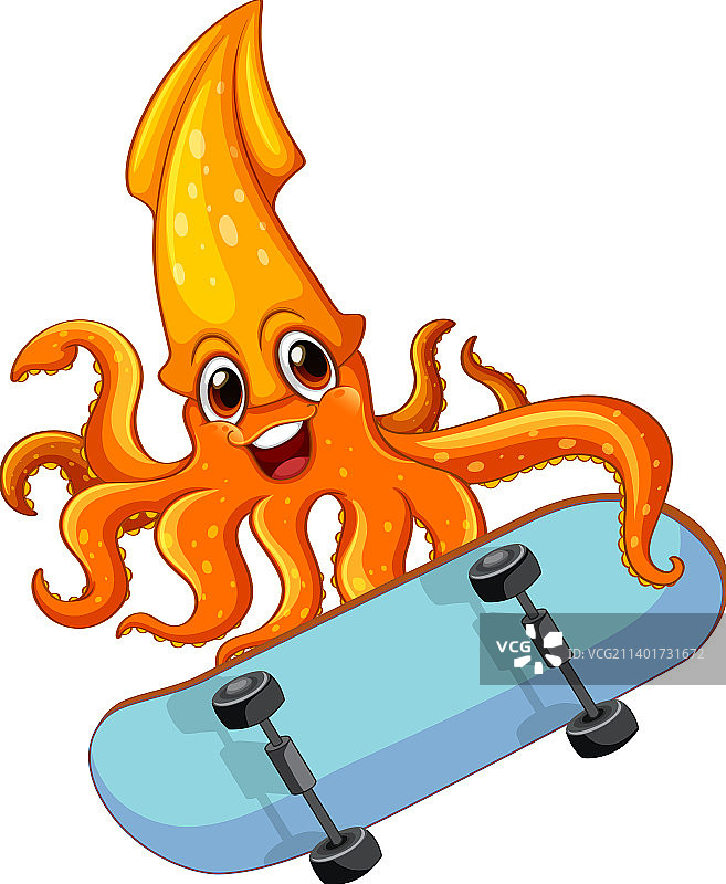 可爱的橙色乌贼在玩滑板图片素材