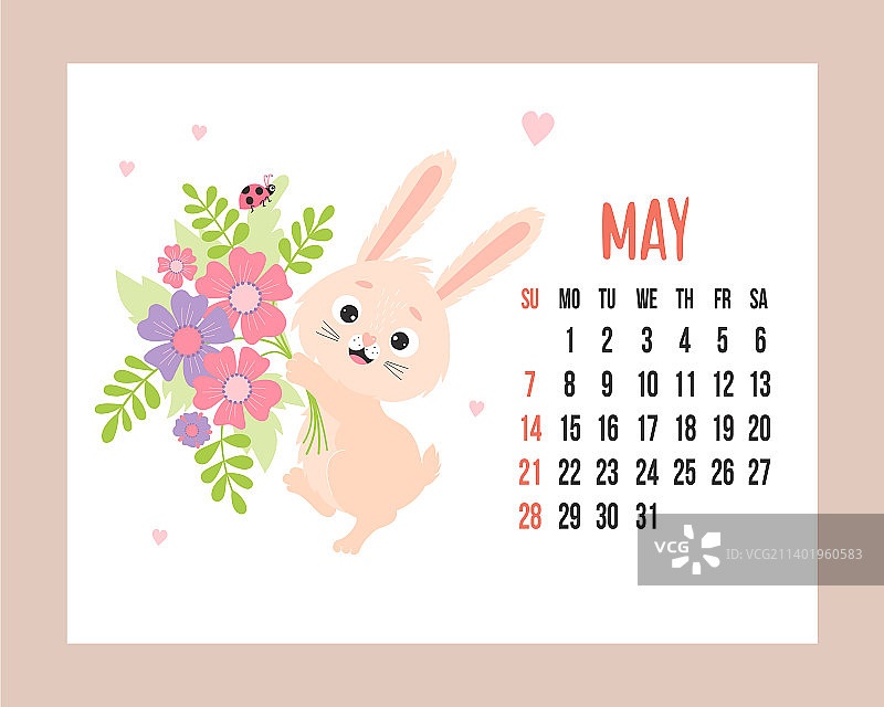 2023年5月日历规划师可爱的兔子花束图片素材