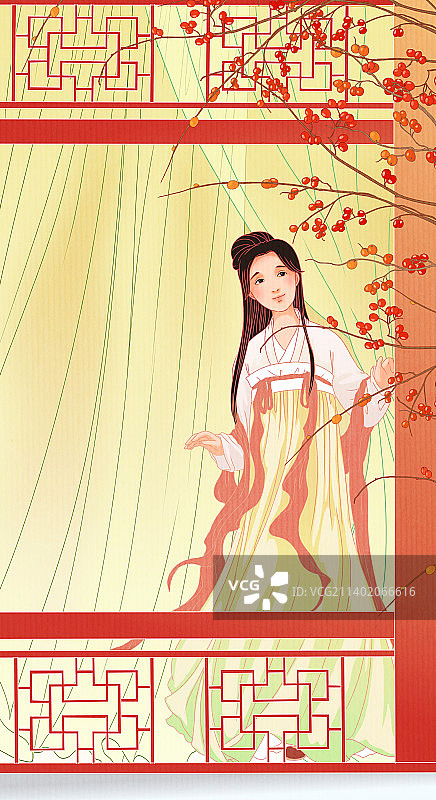 中国国风国潮汉服少女美女背景插画竖版图片素材