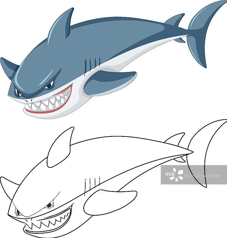 鲨鱼的卡通人物和它的涂鸦轮廓图片素材