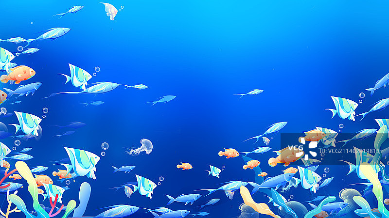 深蓝色唯美动漫海洋鱼类装饰插画图片素材