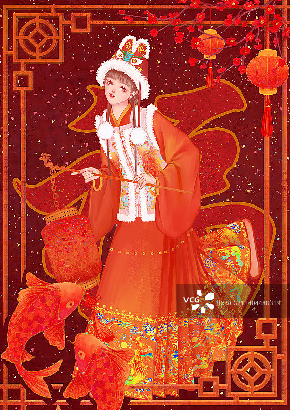传统节日新年春节古风少女手提灯笼图片素材
