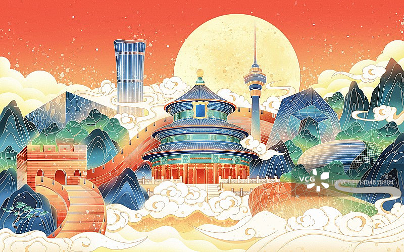 北京城市国风线性插画图片素材