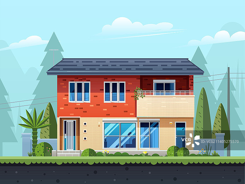 扁平风红砖双层建筑住宅别墅自然风景插画图片素材