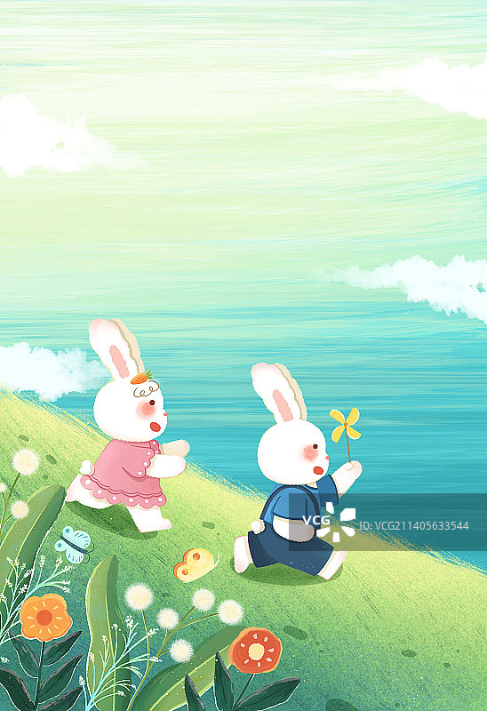 春天两只兔子在草地上奔跑插画图片素材