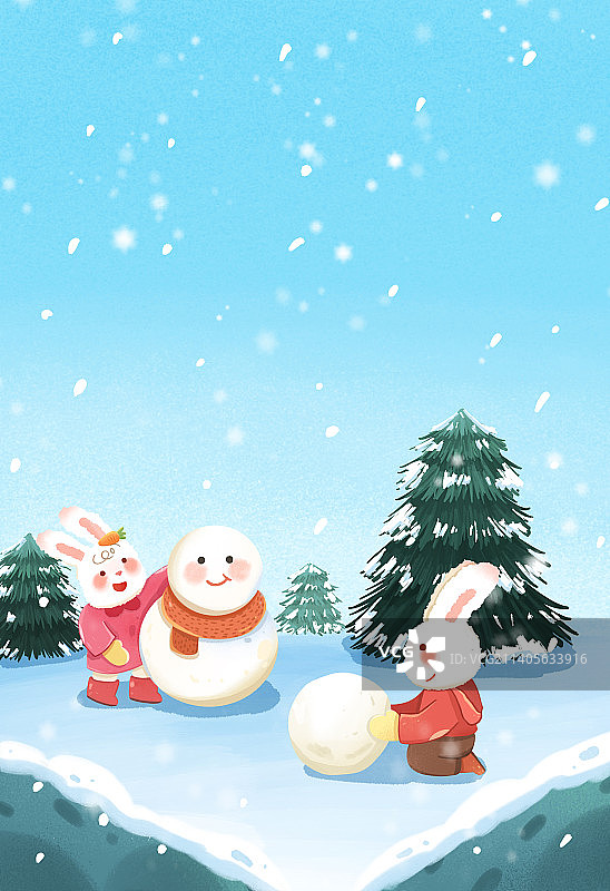 冬天两只兔子堆雪人插画图片素材