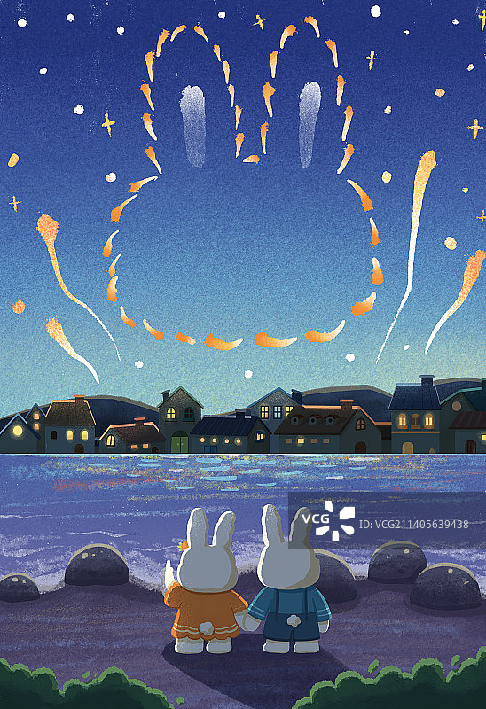 夜晚两只兔子望着天空插画图片素材