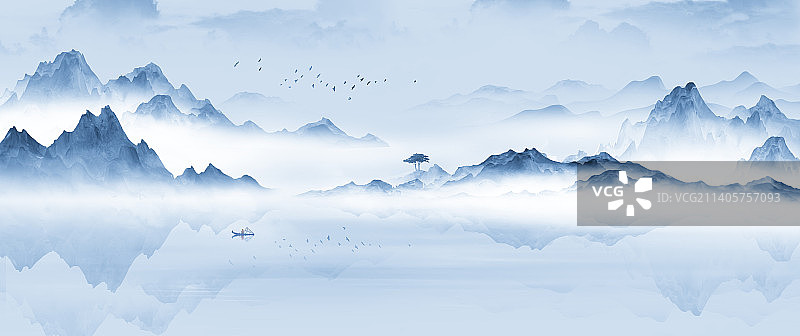 中国风蓝色意境山水画图片素材