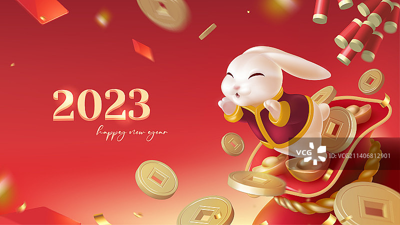 兔年春节背景设计从福袋里飞出的可爱兔子图片素材