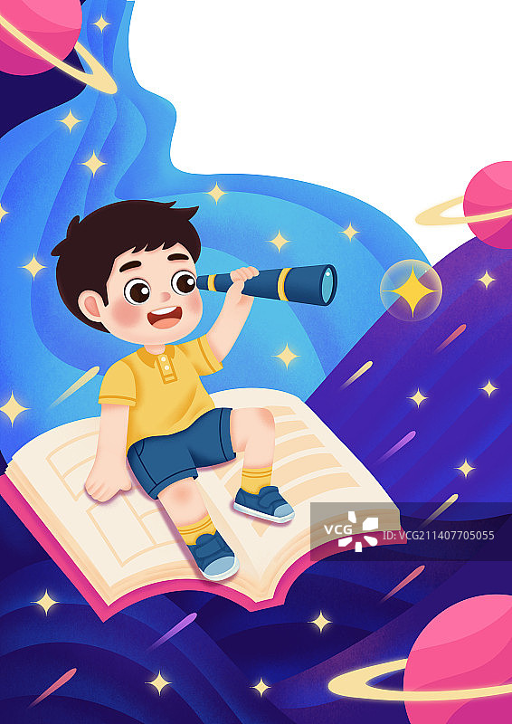 可爱的小男孩坐在书上用望远镜看星空图片素材