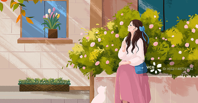 治愈系扁平插画一个文艺女孩坐在室外的花坛边图片素材