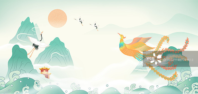 新中式国潮创意中国风青绿山水矢量插画图片素材