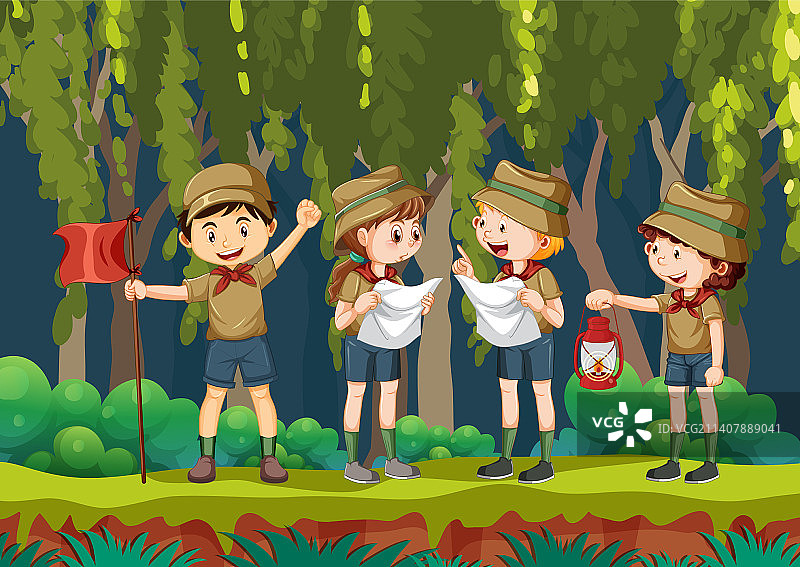 童子军的孩子们在森林里远足图片素材