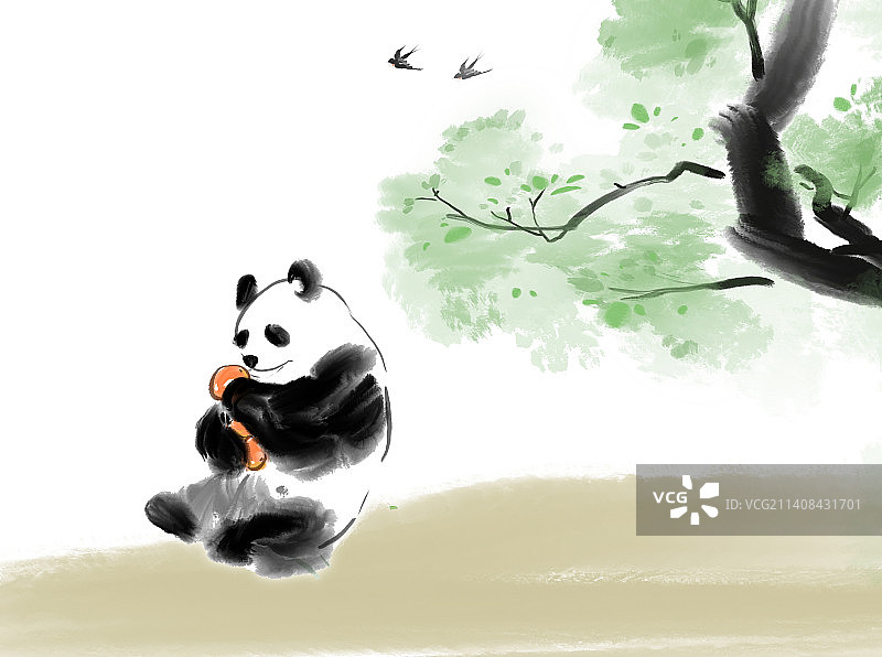 国风水墨肌理插画国宝熊猫图片素材