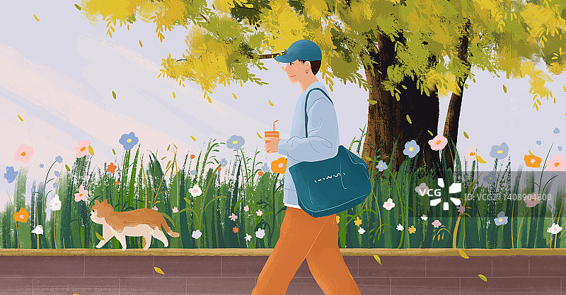 治愈系插画一个时尚男孩和小猫走在秋天开满花朵的小路边图片素材