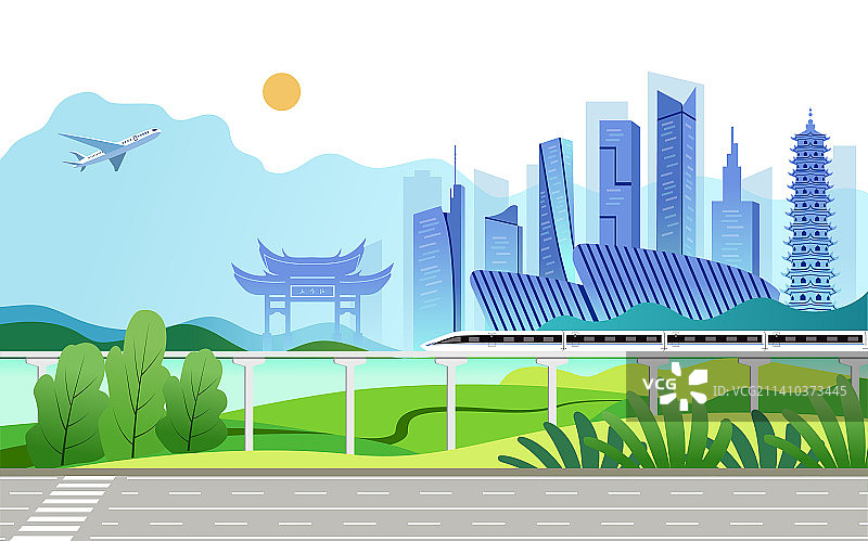 中国福建福州市城市旅游天际线矢量插画图片素材
