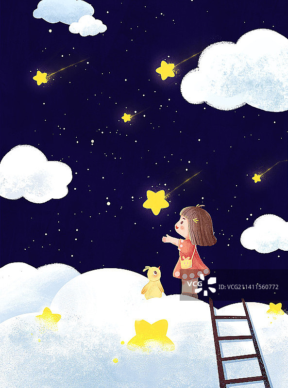 儿童摘星星可爱小女孩夜空梯子云朵图片素材