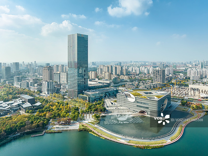 中国上海市嘉定区远香湖航拍风光图片素材