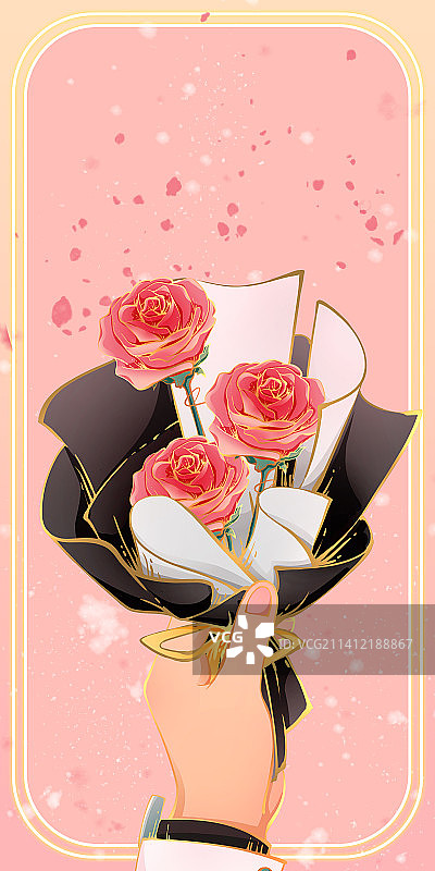 手持玫瑰花束情人节七夕手绘浪漫插画图片素材