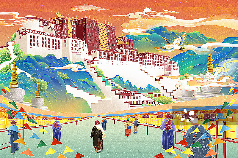 国潮风中国风西藏风景布达拉宫插画 地标景点 铜色转金 游客图片素材