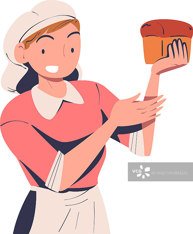 女面包师在围裙拿着新鲜的烤面包图片素材
