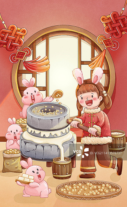 小女孩和兔子们一起磨豆腐图片素材