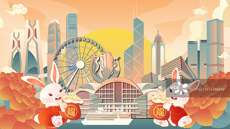 兔年春节香港地标建筑群矢量节日插画图片素材