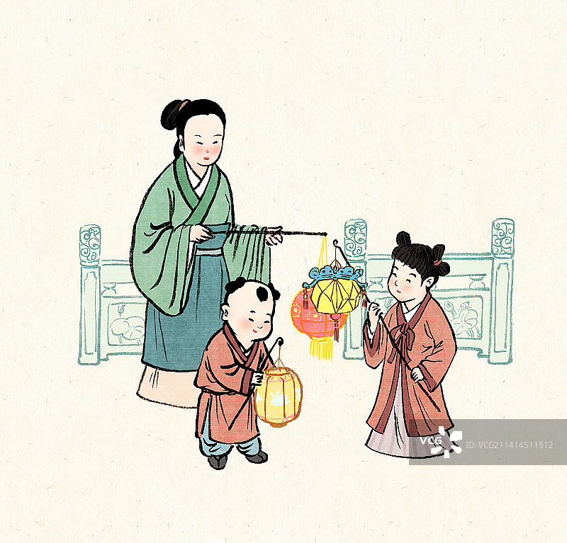 中国古代传统年俗系列之正月十四试花灯的一家人图片素材
