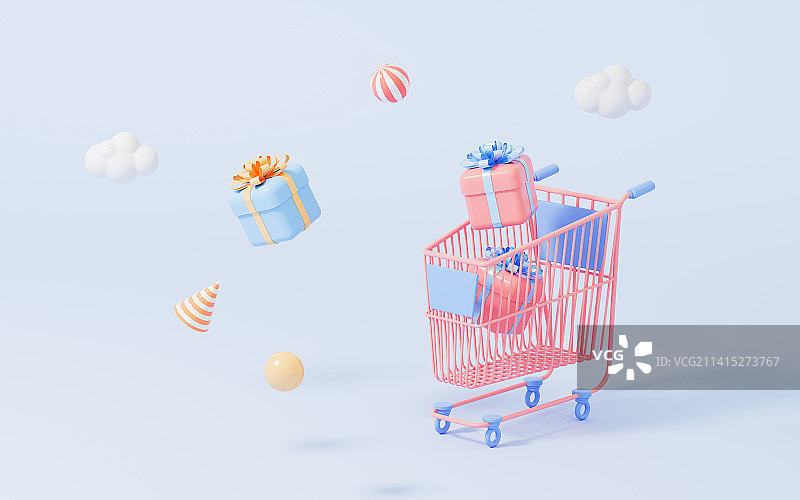 购物车与礼盒背景3D渲染图片素材