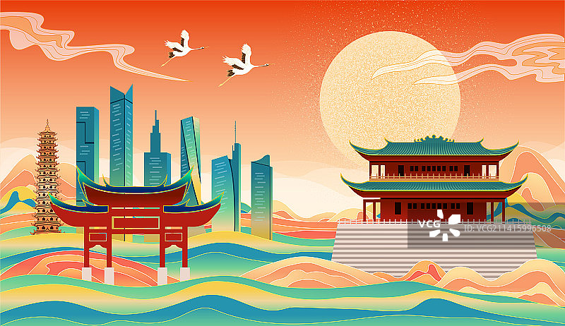中国福建省福州市城市国风海报插画图片素材