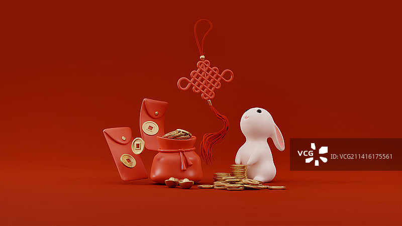 3D渲染兔年春节红包主题插画图片素材