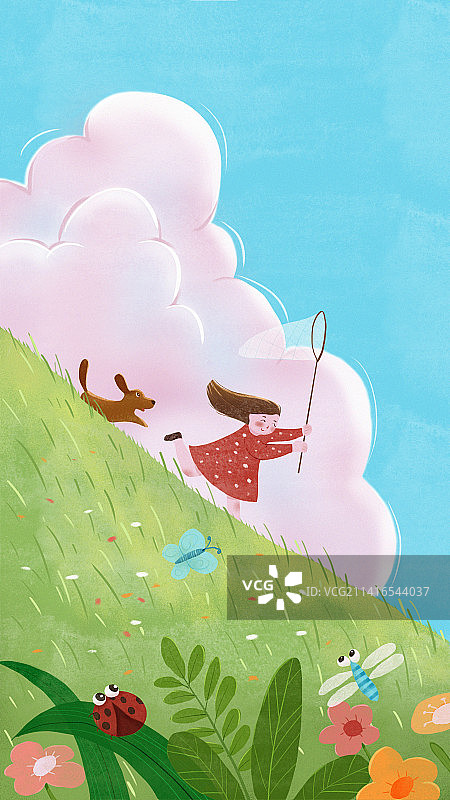 春季节气春天惊蛰女孩和狗户外捉虫儿童插画图片素材