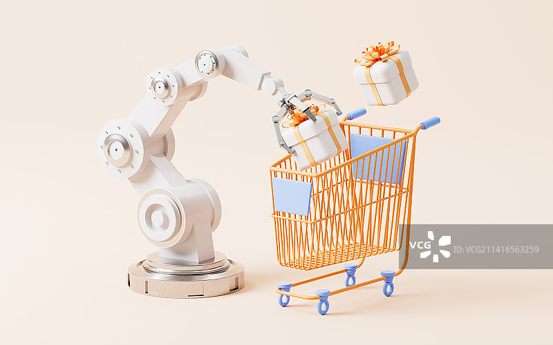 机械臂与网购购物车3D渲染图片素材