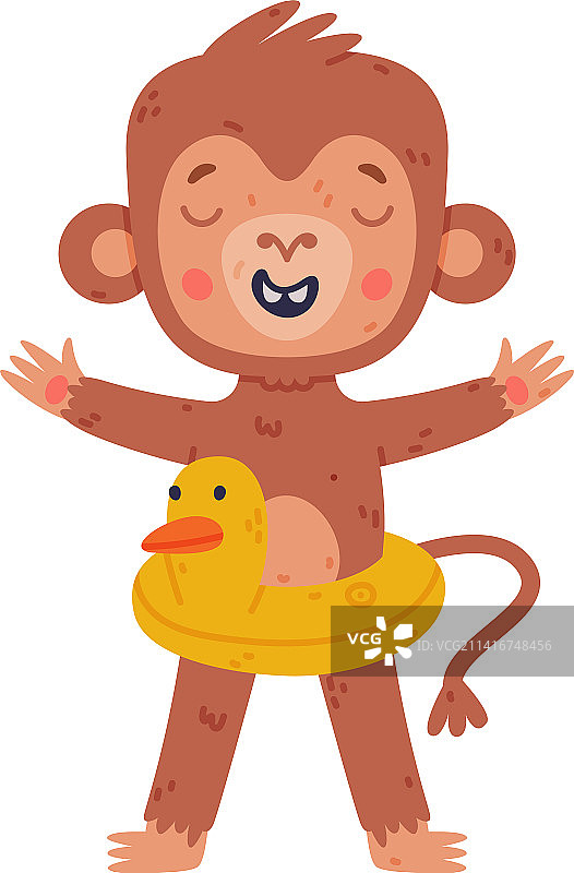 有趣可爱的小猴子与充气鸭图片素材