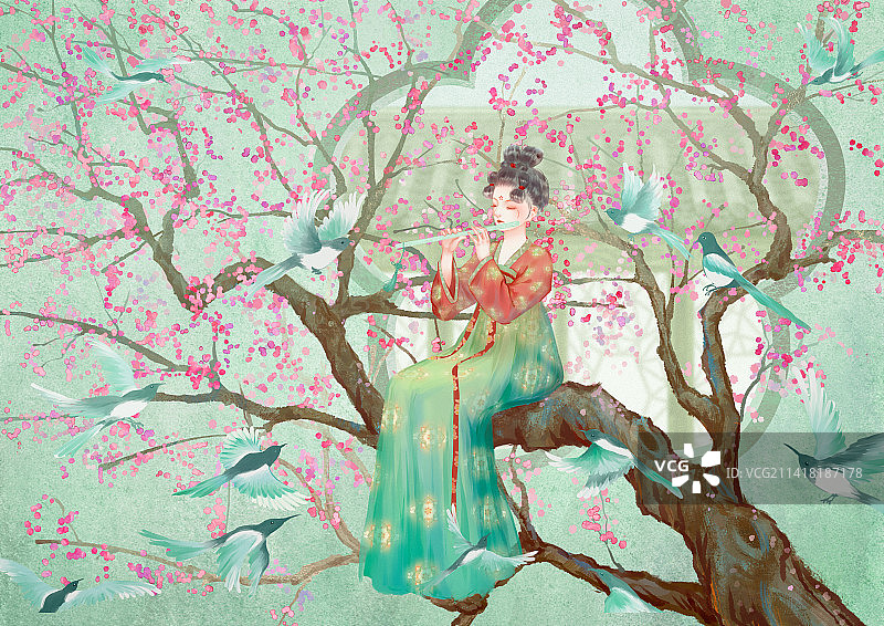 古风汉服唐代服装吹笛子的女孩坐在开满花朵的树枝上周围喜鹊环绕飞舞喜上眉梢喜上梅梢节日民俗传统祝福图片素材