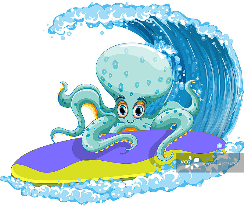 冲浪板上的章鱼卡通人物图片素材