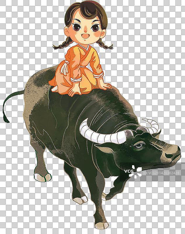 骑在牛背上放牛的女孩图片素材