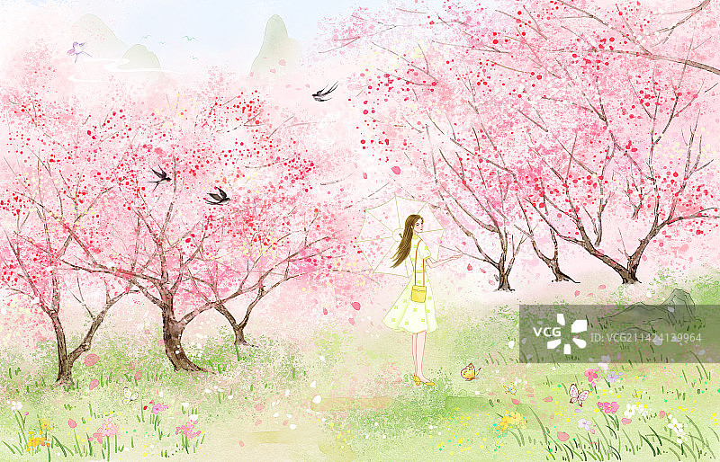 春天踏青赏樱花的女孩图片素材