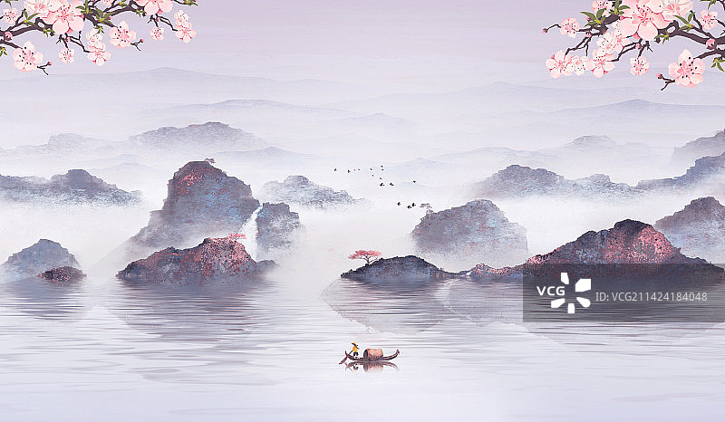 中国风蓝色意境桃花山水画图片素材