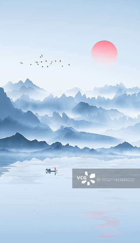 中国风蓝色竖版水墨山水画图片素材