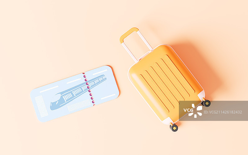卡通行李箱和火车票3D渲染图片素材
