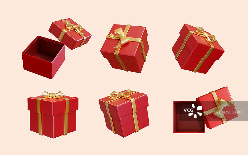 正方形红色礼物盒搭配金色缎带包装素材组合图片素材