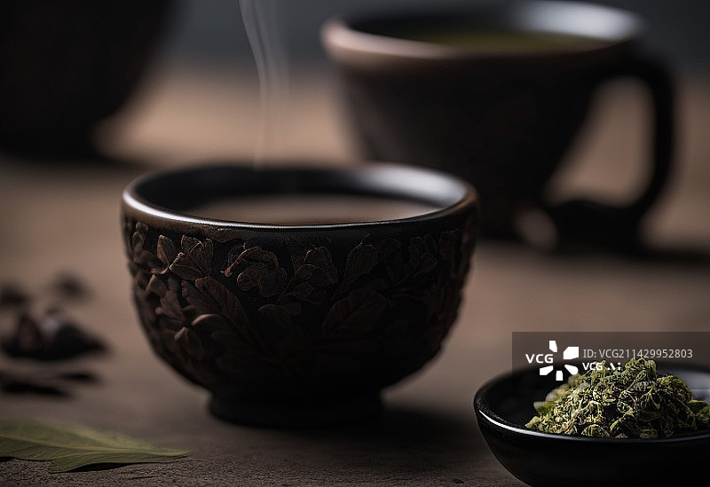 【AI数字艺术】深色背景上的中国茶道茶艺功夫茶复古中式茶艺文化素材图片素材